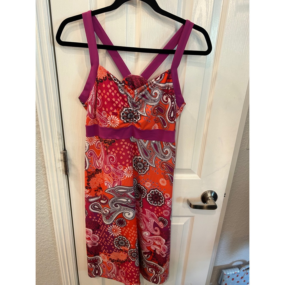 Prana Athletic Dress Orange Magenta Paisley Print Crossback Shelf Bra Yoga Hike